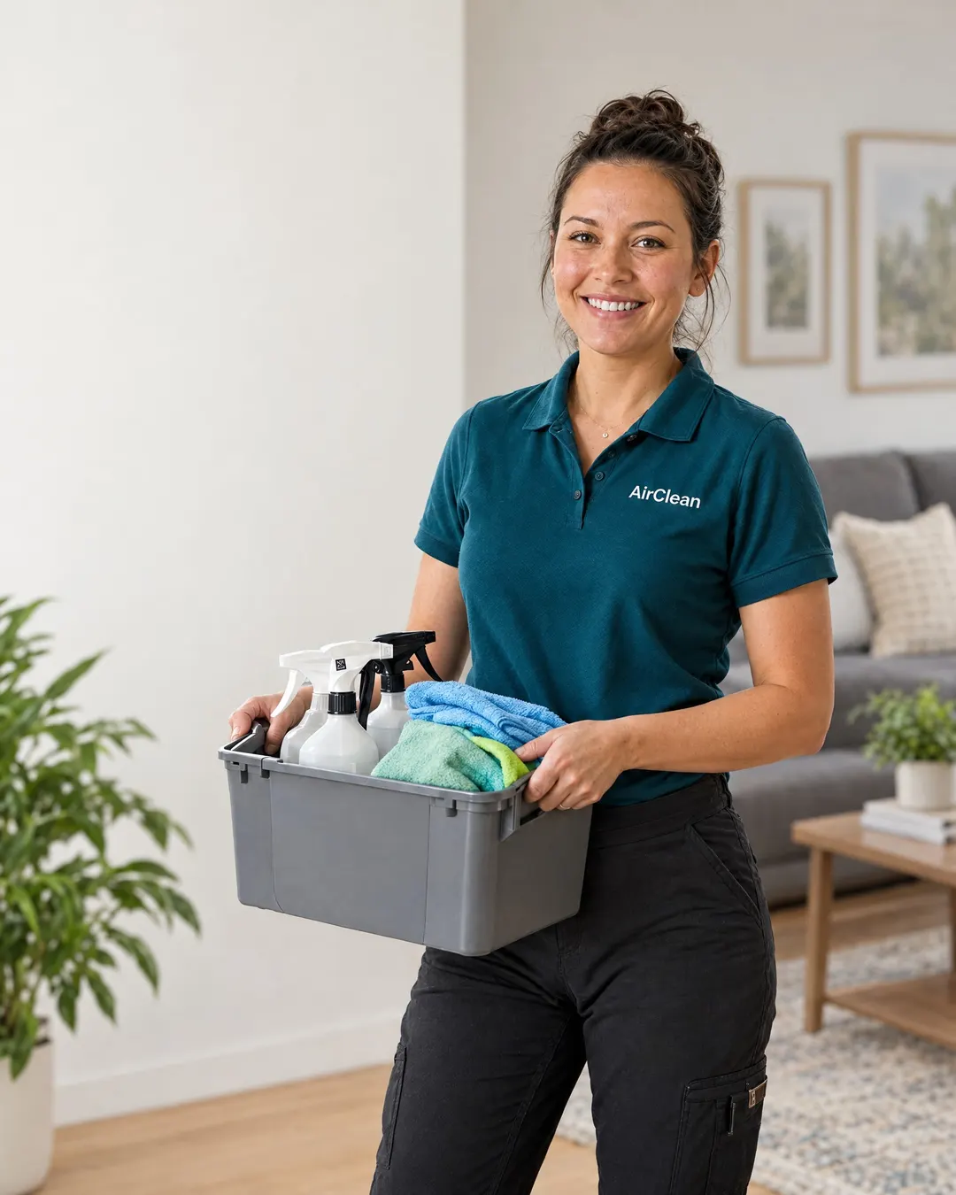 Smiling AirClean cleaner in a teal uniform holding a caddy of cleaning supplies in a bright, tidy living room