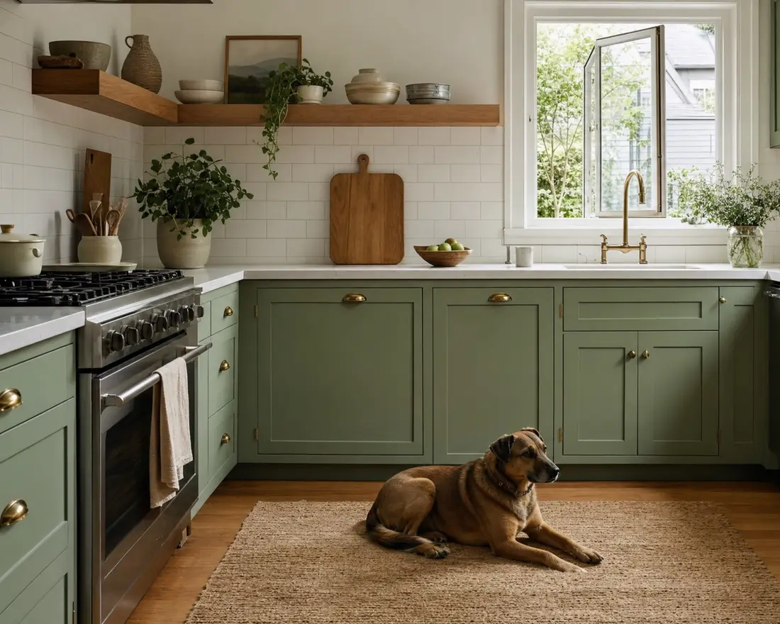 Clean sage-green kitchen with an open window and a dog resting on a rug