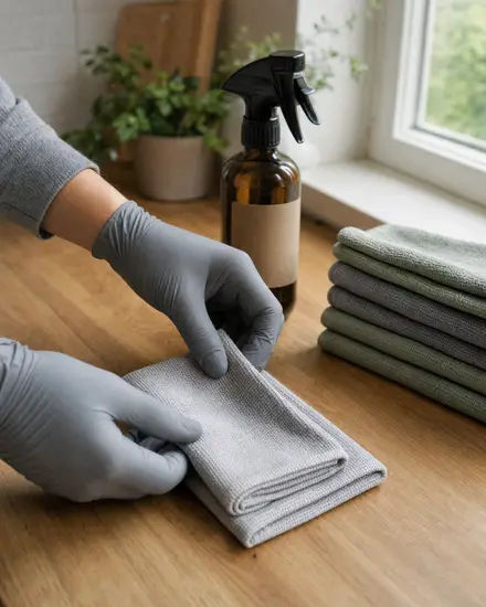 Gloved hands folding a grey microfibre cloth beside colour-coded cloths