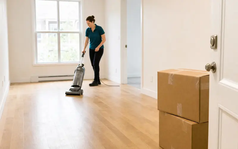 Cleaner vacuuming the floor of an empty apartment with moving boxes by the door