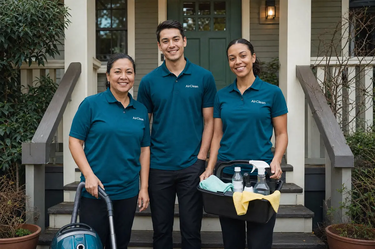 Three smiling AirClean cleaners in teal uniforms on the porch steps of a Portland house